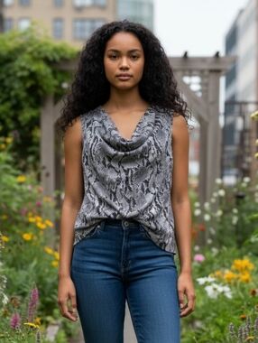 Express Black & White Snake Print Cowl Neck Sleeveless Top